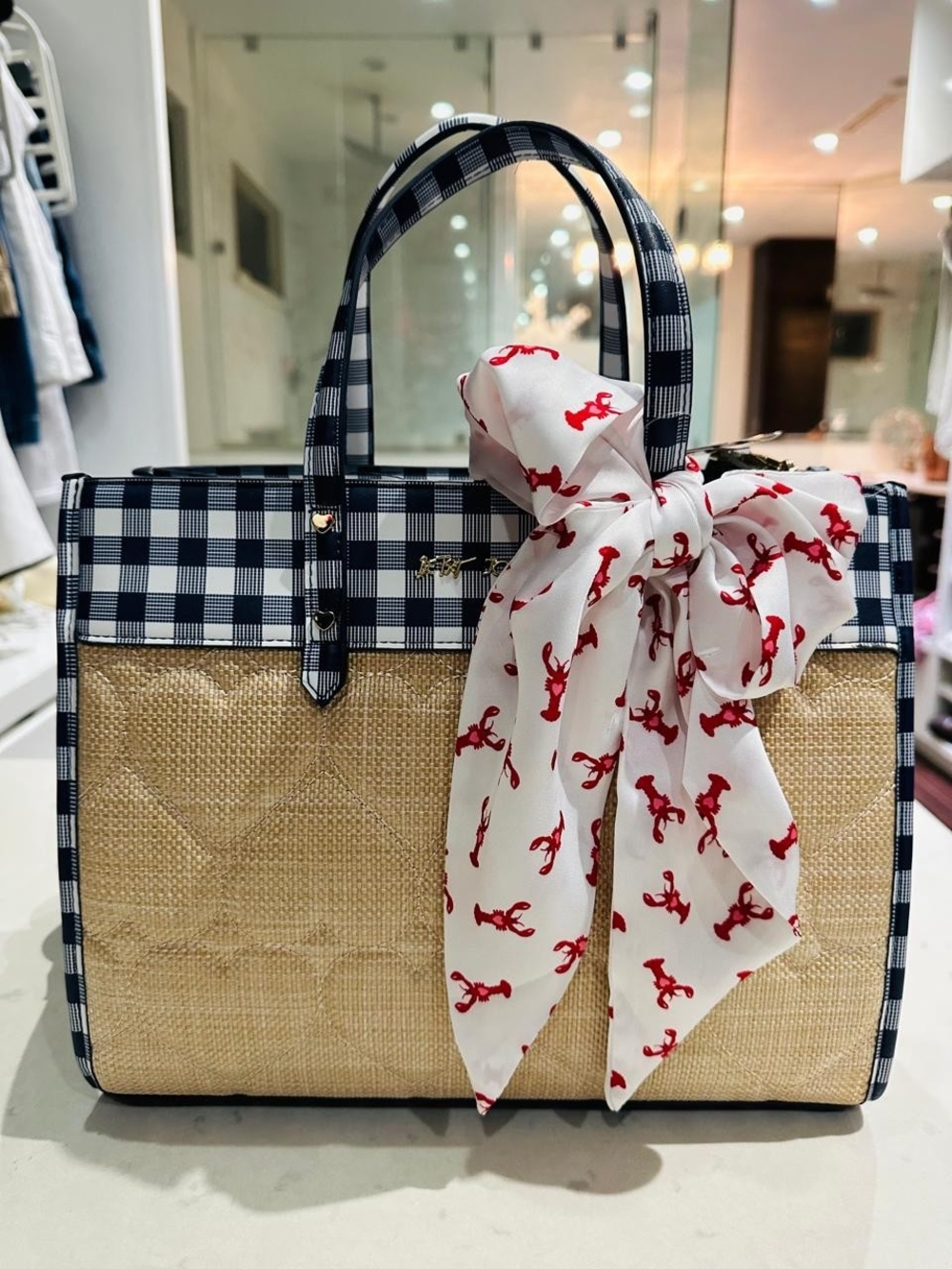 NWT Betsey Johnson Navy Multi Raffia Tote Bag with Gingham Trim